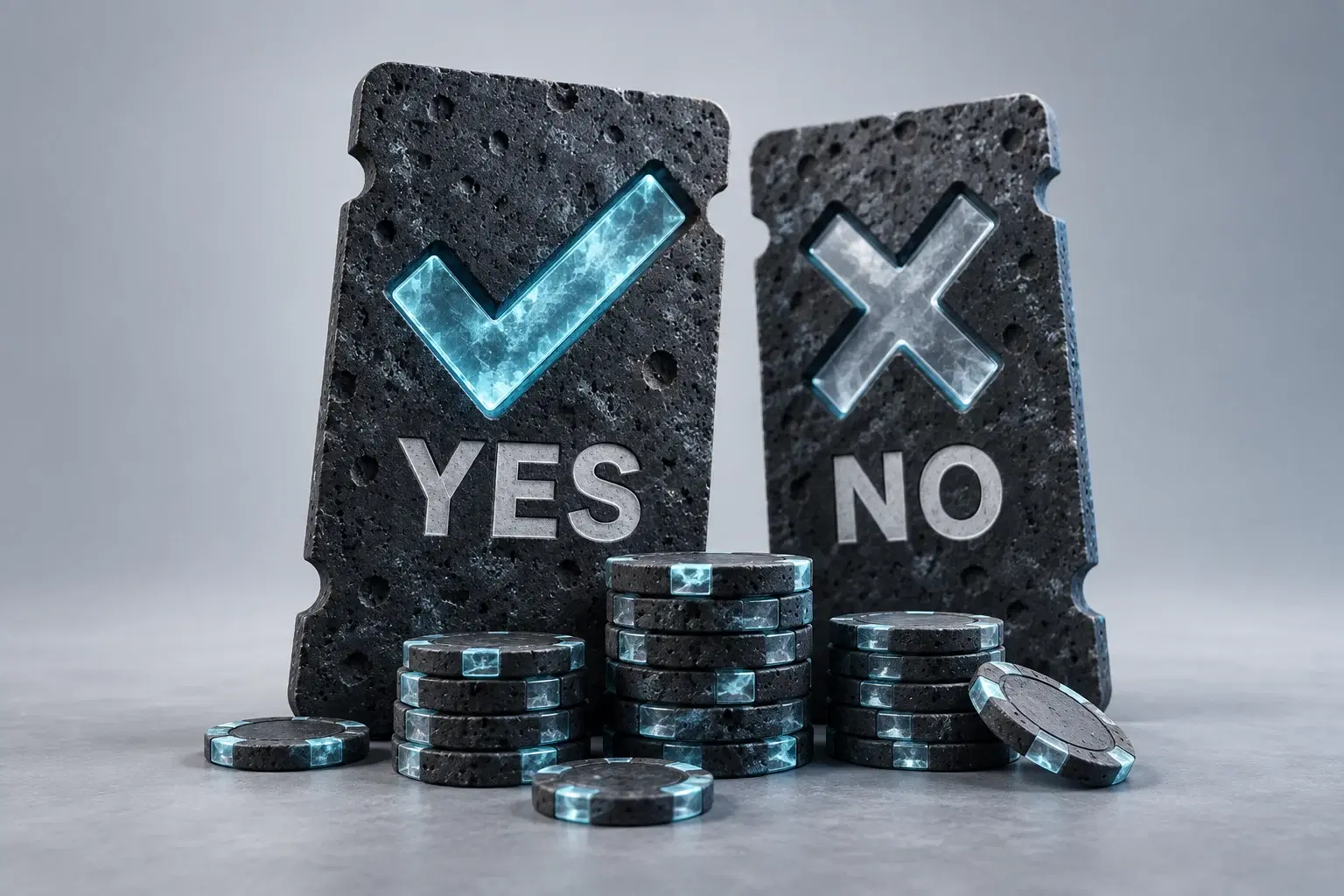 YES and NO outcome tickets sculpted from meteorite stone, with icy-blue glass and a shared pile of betting chips